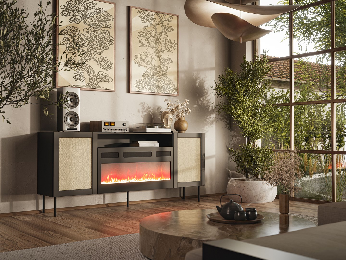 JUTA EF chest of drawers + electric fireplace 202x39.5x85 black + linol calabria JUTA EF chest of drawers + electric fireplace 202x39.5x85 black + linol calabria
