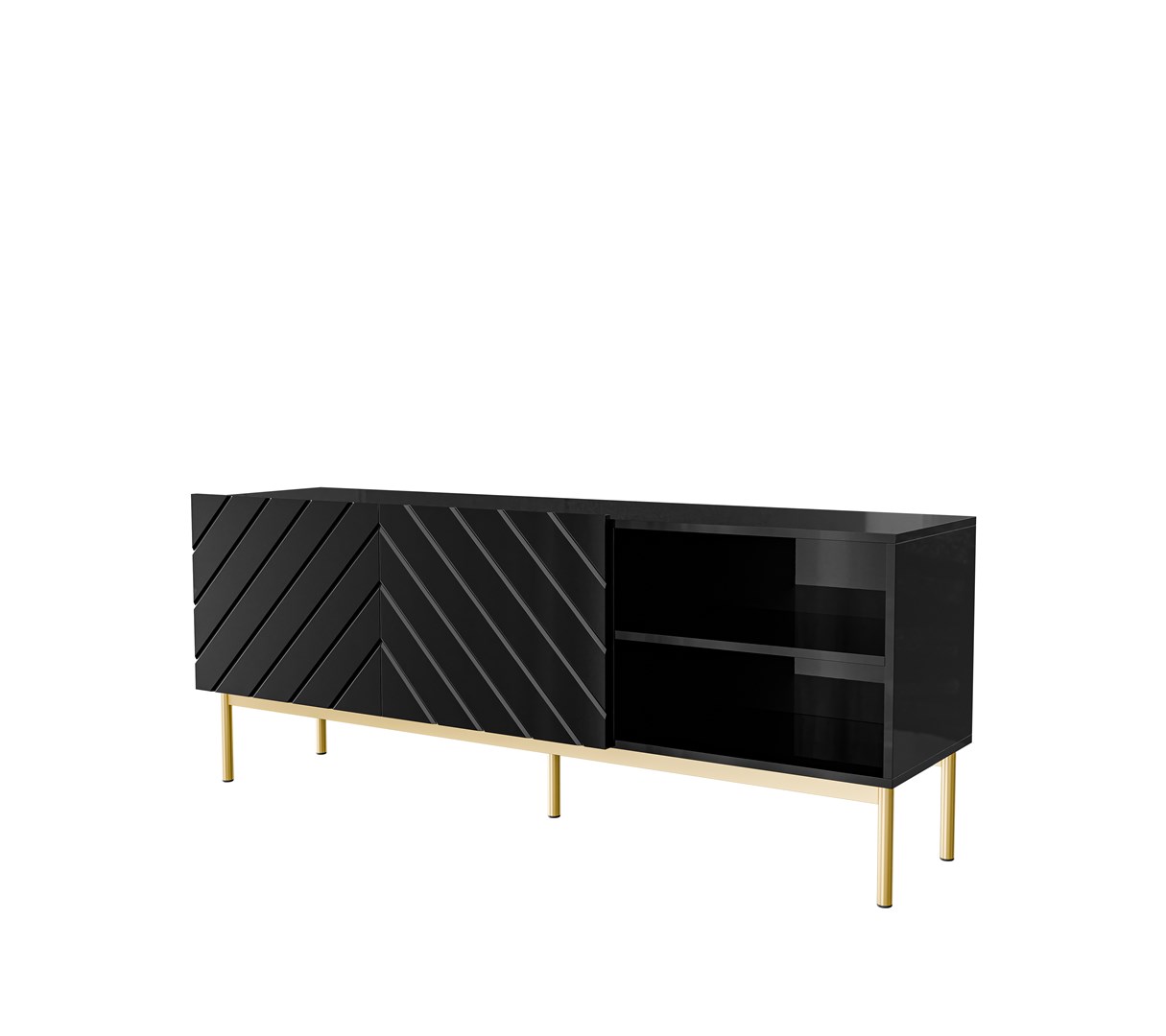 ABETO RTV cabinet on golden steel frame 150x42x60 black/gloss black ABETO RTV cabinet on golden steel frame 150x42x60 black/gloss black