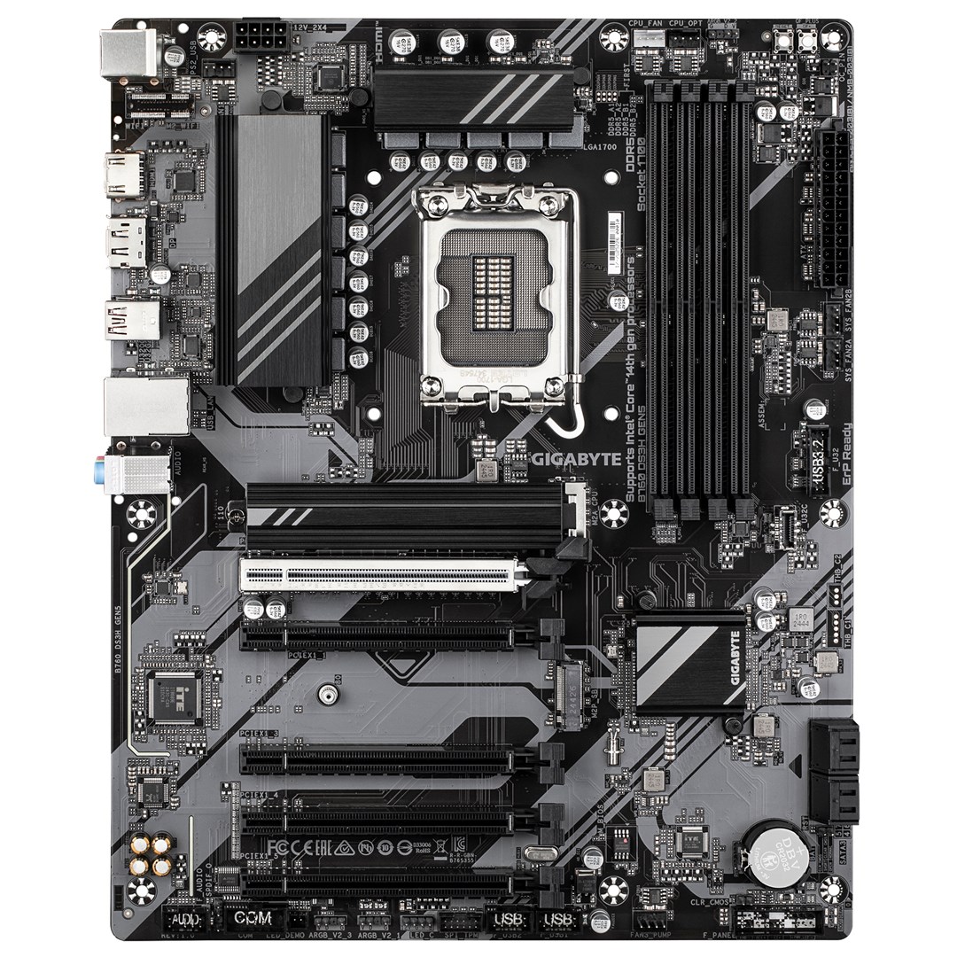 GIGABYTE B760 DS3H GEN5 Motherboard - Supports Intel Core 14th Gen CPUs, 8+2+1 Phases Digital VRM, up to 5600MHz DDR5, 2xPCIe 4.0 M.2, 1GbE LAN, USB 3.2 Gen 2x2 GIGABYTE B760 DS3H GEN5 Motherboard - Supports Intel Core 14th Gen CPUs, 8+2+1 Phases Digital VRM, up to 5600MHz DDR5, 2xPCIe 4.0 M.2, 1GbE LAN, USB 3.2 Gen 2x2