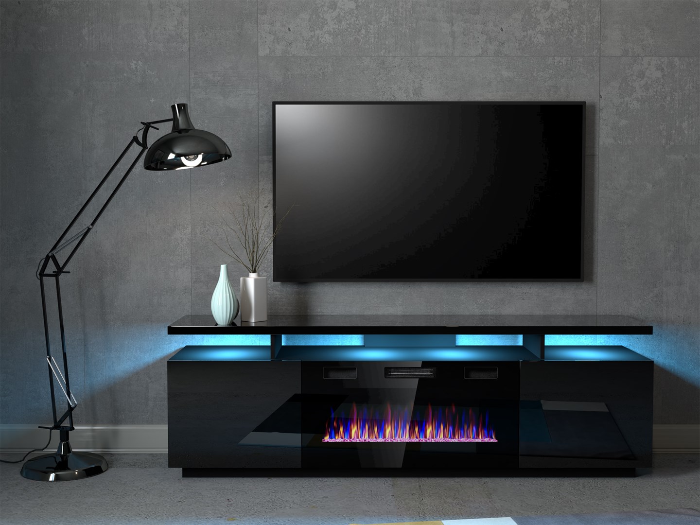 RTV EVA cabinet with electric fireplace 180x40x52 cm black/gloss black RTV EVA cabinet with electric fireplace 180x40x52 cm black/gloss black
