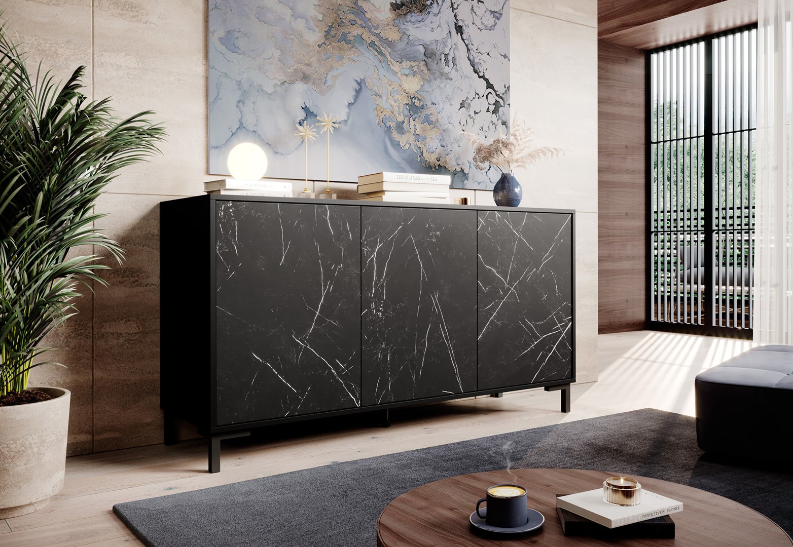 MARMO 3D chest of drawers 150x45x80.5 cm matte black/marble black MARMO 3D chest of drawers 150x45x80.5 cm matte black/marble black
