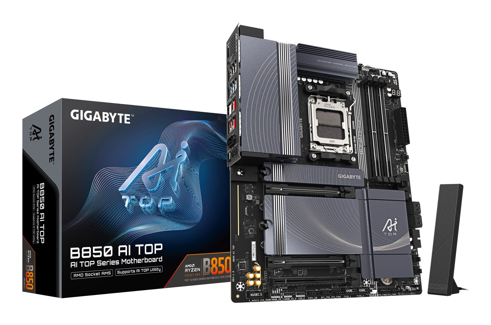 GIGABYTE B850 AI TOP Motherboard - AMD Ryzen 9000 Series CPUs, 16+2+2 Phases Digital VRM, up to 8600MHz DDR5 (OC), 2xPCIe 5.0 + 1xPCIe 4.0 M.2, 10 LAN, WIFI 7, USB 3.2 Gen 2x2 GIGABYTE B850 AI TOP Motherboard - AMD Ryzen 9000 Series CPUs, 16+2+2 Phases Digital VRM, up to 8600MHz DDR5 (OC), 2xPCIe 5.0 + 1xPCIe 4.0 M.2, 10 LAN, WIFI 7, USB 3.2 Gen 2x2