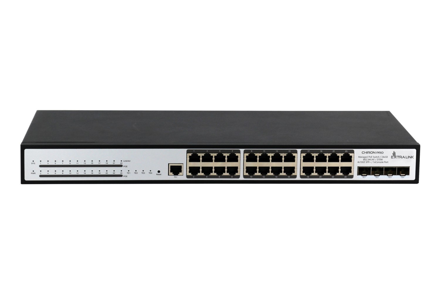 Extralink PoE Switch Chiron Pro 24x RJ45 1000Mb/s PoE, 4x SFP+, L3, managed, 370W Extralink PoE Switch Chiron Pro 24x RJ45 1000Mb/s PoE, 4x SFP+, L3, managed, 370W