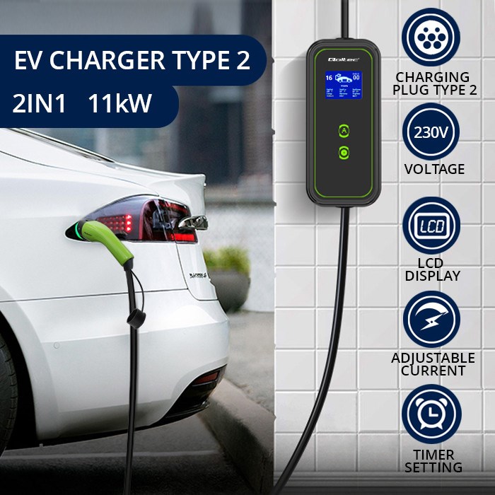 Qoltec Mobile EV Car Charger Adjustable 2in1 Type2 | 11kW | CEE 5 PIN | LCD | 3 phases | Portable | Wallbox | 5m Qoltec Mobile EV Car Charger Adjustable 2in1 Type2 | 11kW | CEE 5 PIN | LCD | 3 phases | Portable | Wallbox | 5m