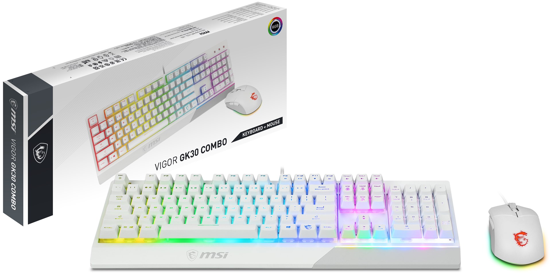 MSI VIGOR GK30 COMBO WHITE MEMchanical Gaming Keyboard + Gaming Mouse Bundle 'UK Layout, 6-Zone RGB Lighting Keyboard, Dual-Zone RGB Lighting Mouse, 5000 DPI Optical Sensor, Center' MSI VIGOR GK30 COMBO WHITE MEMchanical Gaming Keyboard + Gaming Mouse Bundle 'UK Layout, 6-Zone RGB Lighting Keyboard, Dual-Zone RGB Lighting Mouse, 5000 DPI Optical Sensor, Center'