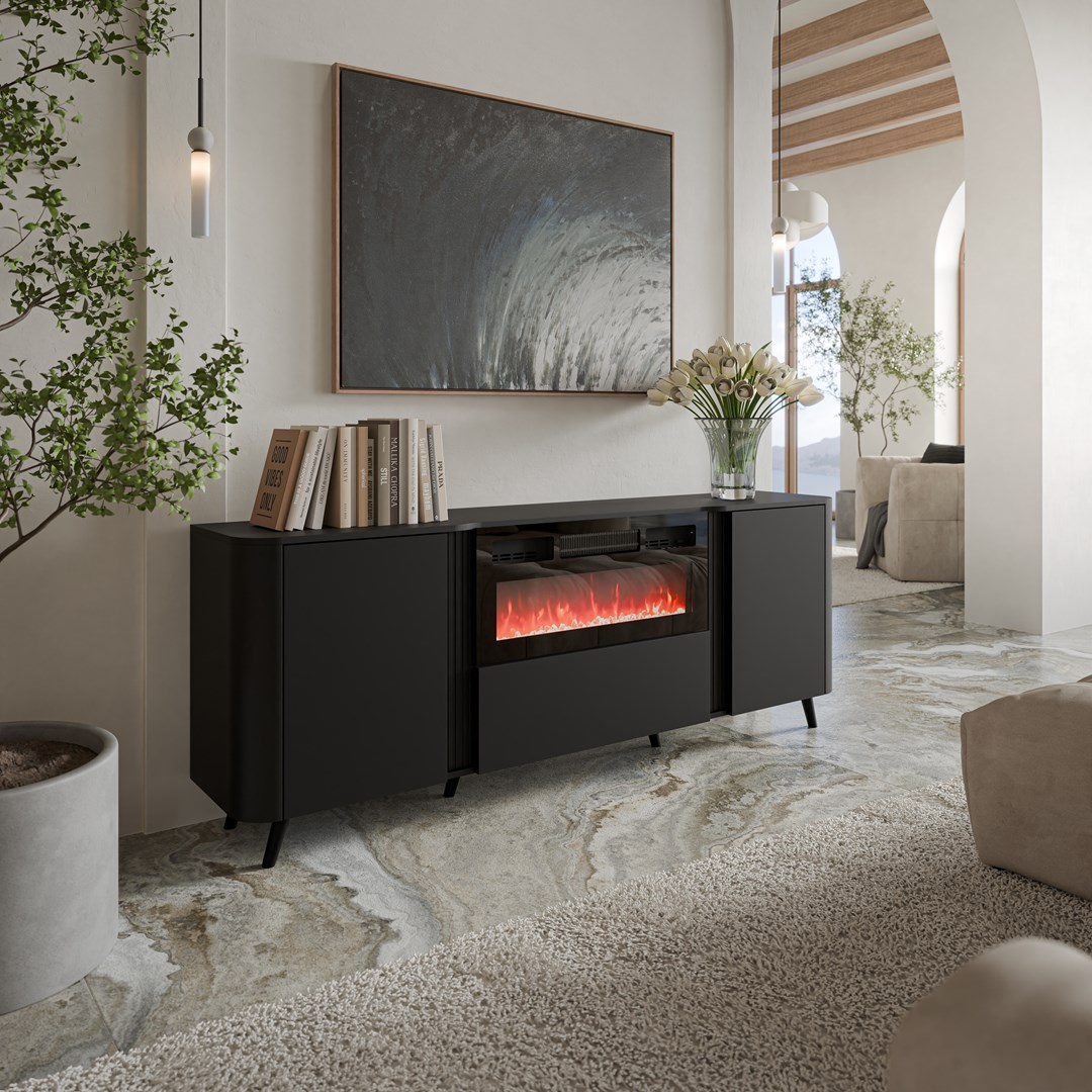 Cama Volare chest of drawers 200 x 39 x 75 cm black + fireplace Cama Volare chest of drawers 200 x 39 x 75 cm black + fireplace