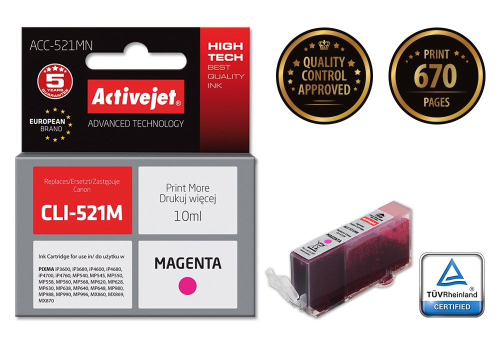Activejet ACC-521MN Ink (replacement for Canon CLI-521M; Supreme; 10 ml; magenta) Activejet ACC-521MN Ink (replacement for Canon CLI-521M; Supreme; 10 ml; magenta)