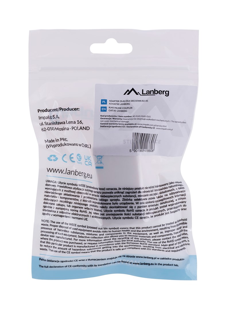 Lanberg AD-RJ45-RJ45-OU5 cable gender changer RJ-45 White Lanberg AD-RJ45-RJ45-OU5 cable gender changer RJ-45 White