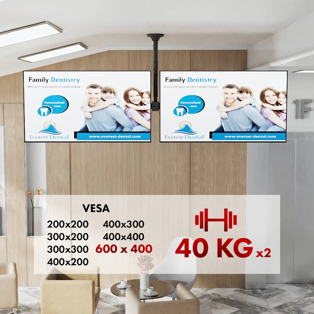 Maclean ceiling mount for two TVs, max load 2x40kg, 34-60", max VESA 600x400, MC-111 B Maclean ceiling mount for two TVs, max load 2x40kg, 34-60", max VESA 600x400, MC-111 B