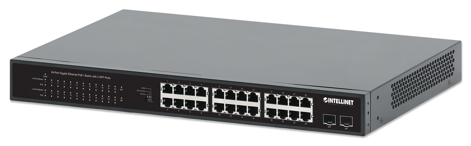 Intellinet 24-Port Gigabit Ethernet PoE+ Switch with 2 SFP Ports IEEE 802.3at/af (PoE+/PoE) Compliant, PoE Power Budget of 370 W, Two 1G SFP Open Slots, 19" Rackmount Intellinet 24-Port Gigabit Ethernet PoE+ Switch with 2 SFP Ports IEEE 802.3at/af (PoE+/PoE) Compliant, PoE Power Budget of 370 W, Two 1G SFP Open Slots, 19" Rackmount