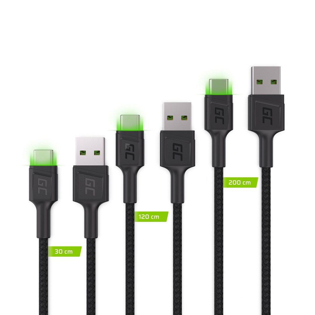 Green Cell Set 3x GC Ray USB-C Cable 30cm, 120cm, 200cm with green LED backlight, fast charging UC, QC 3.0 Green Cell Set 3x GC Ray USB-C Cable 30cm, 120cm, 200cm with green LED backlight, fast charging UC, QC 3.0