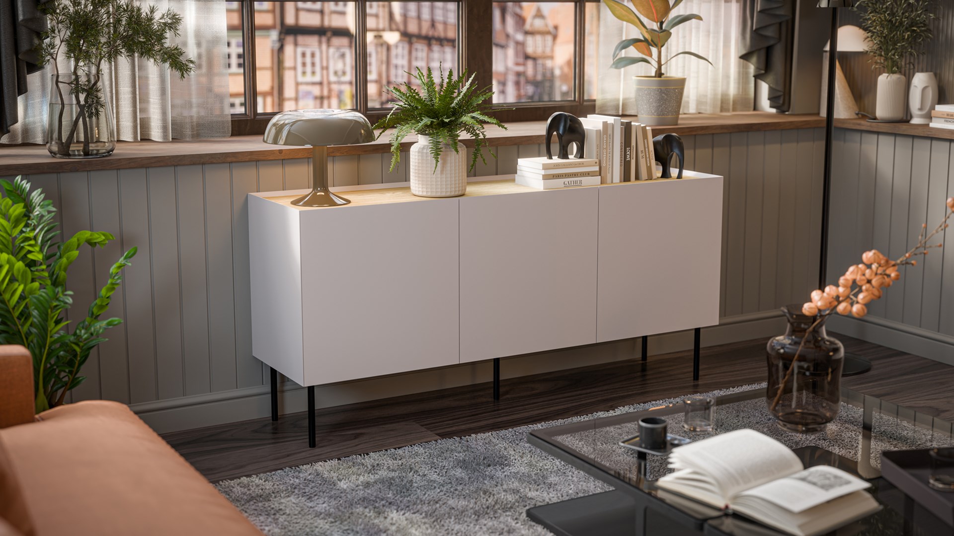 Cama FELLINI chest of drawers 150x40x70 cashmere + oiled oak top Cama FELLINI chest of drawers 150x40x70 cashmere + oiled oak top