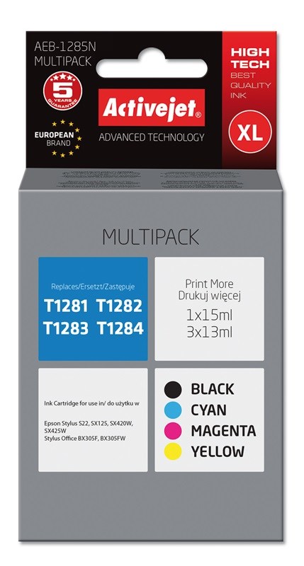 Activejet AEB-1285N Ink (replacement for Epson T1281, T1282, T1283, T1284; Supreme; 1 x 15 ml, 3 x 13 ml; black, magenta, cyan, yellow) Activejet AEB-1285N Ink (replacement for Epson T1281, T1282, T1283, T1284; Supreme; 1 x 15 ml, 3 x 13 ml; black, magenta, cyan, yellow)