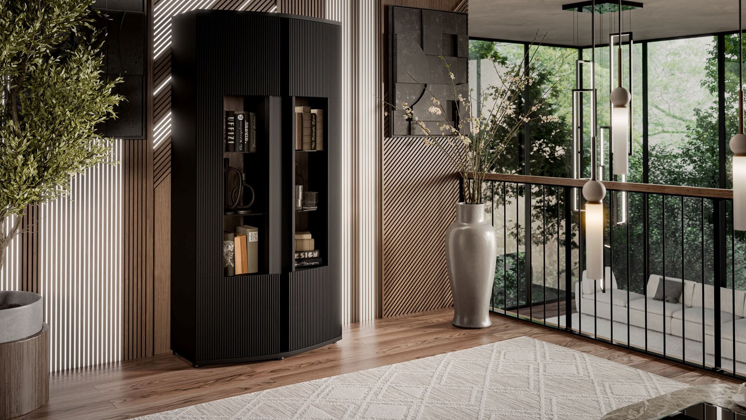 Cama 2D display cabinet MICHELLE 86x35-47xH180 black/viking oak Cama 2D display cabinet MICHELLE 86x35-47xH180 black/viking oak
