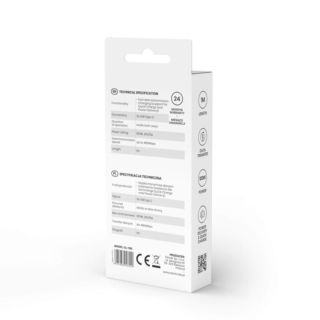Savio CL-159 USB cable 1 m USB 2.0 USB C - USB C Black Savio CL-159 USB cable 1 m USB 2.0 USB C - USB C Black