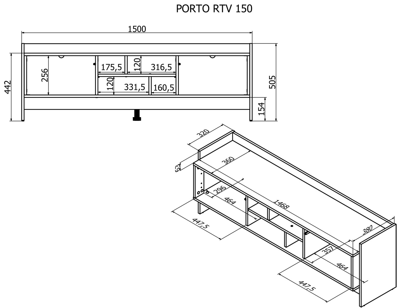 Cama RTV PORTO 2D cabinet 150x38x50 oak/black Cama RTV PORTO 2D cabinet 150x38x50 oak/black