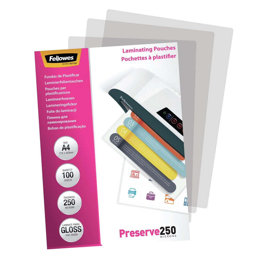 Fellowes A4 Glossy 250 Micron Laminating Pouch - 100 pack Fellowes A4 Glossy 250 Micron Laminating Pouch - 100 pack