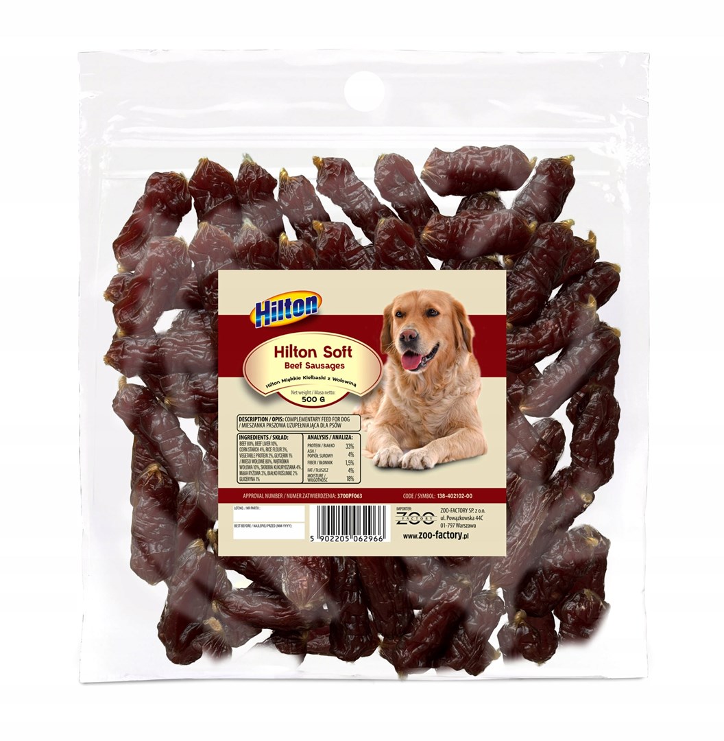 HILTON Soft sausages with beef - dog treat - 500g HILTON Soft sausages with beef - dog treat - 500g