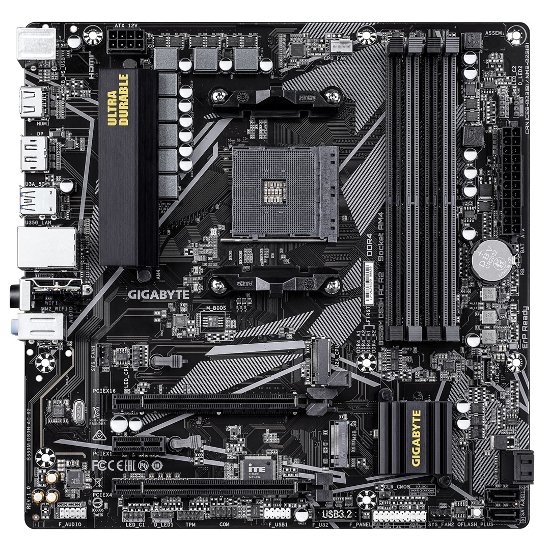 GIGABYTE B550M DS3H AC R2 Motherboard - AMD Ryzen 5000 CPUs, 5+3 Phases VRM, up to 4733MHz DDR4 (O.C.), 1xPCIe 4.0 + 1xPCIe 3.0 M.2, Wi-Fi 5, 1GbE LAN, USB 3.2 Gen 1 GIGABYTE B550M DS3H AC R2 Motherboard - AMD Ryzen 5000 CPUs, 5+3 Phases VRM, up to 4733MHz DDR4 (O.C.), 1xPCIe 4.0 + 1xPCIe 3.0 M.2, Wi-Fi 5, 1GbE LAN, USB 3.2 Gen 1