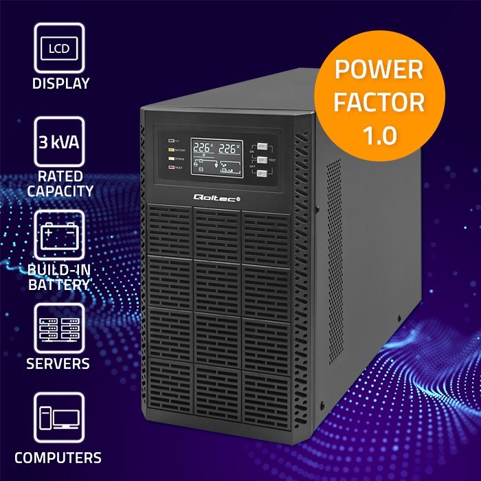 Qoltec Uninterruptible Power Supply (UPS) | 3kVA | 3000W | Power Factor 1.0 | LCD | EPO | USB | Online Qoltec Uninterruptible Power Supply (UPS) | 3kVA | 3000W | Power Factor 1.0 | LCD | EPO | USB | Online