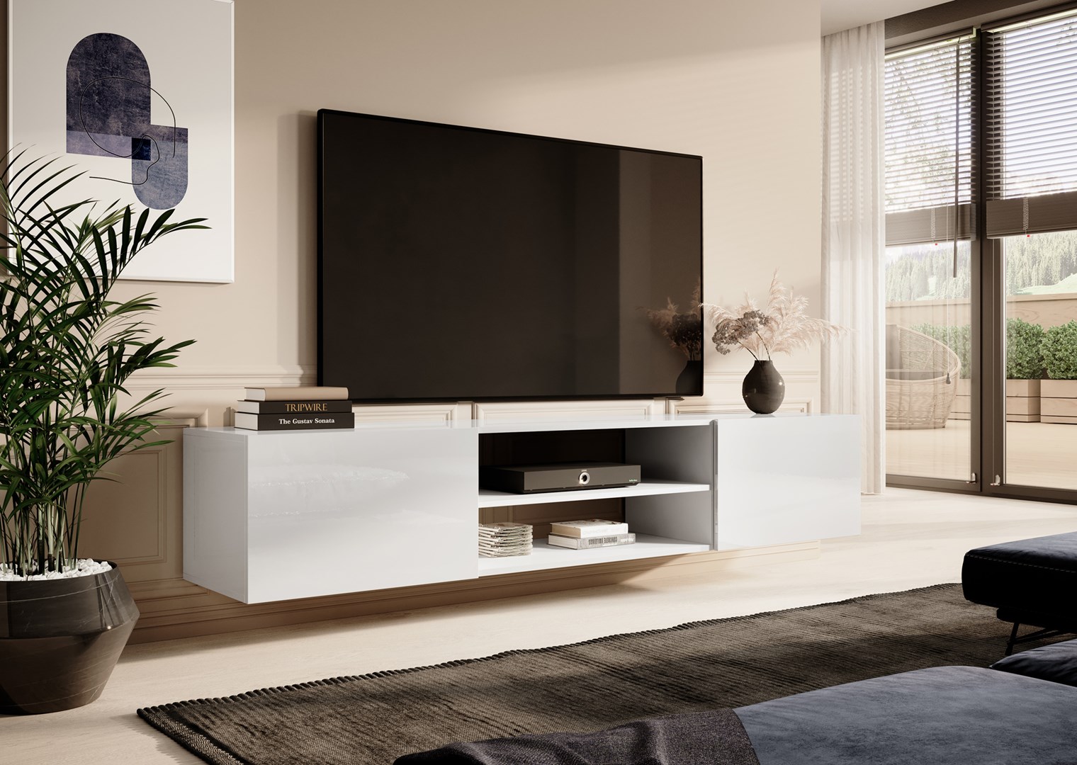 RTV cabinet SLIDE 200K 200x40x37 cm all glossy white RTV cabinet SLIDE 200K 200x40x37 cm all glossy white