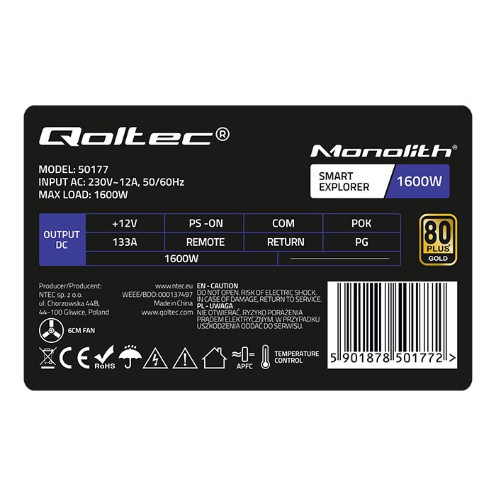 Qoltec 50177 PCI-E power supply Smart 1600W | 80 Plus Gold - Data mining Qoltec 50177 PCI-E power supply Smart 1600W | 80 Plus Gold - Data mining