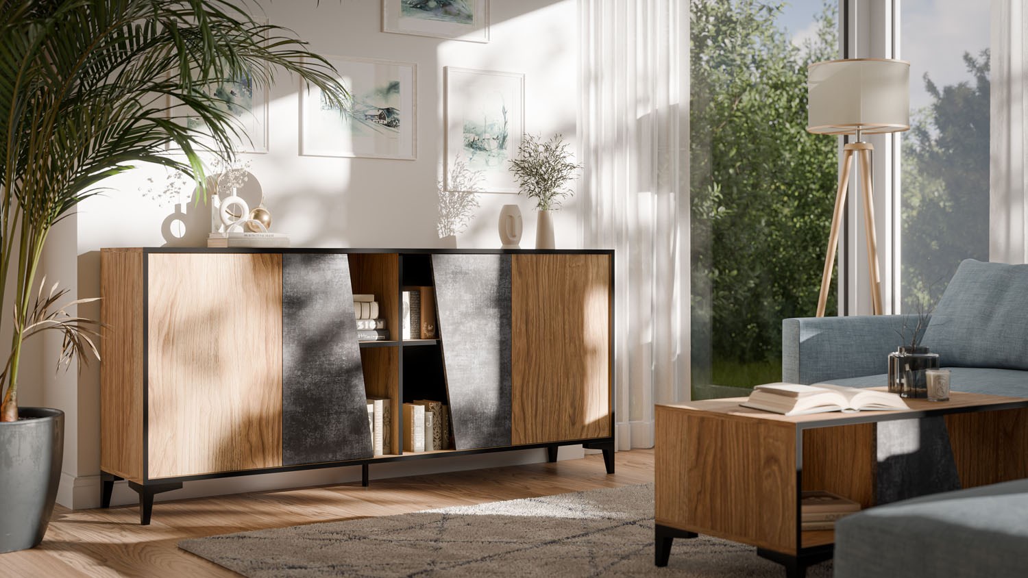 Cama 4D chest of drawers OVO 180x38xH83 oak/concrete Cama 4D chest of drawers OVO 180x38xH83 oak/concrete
