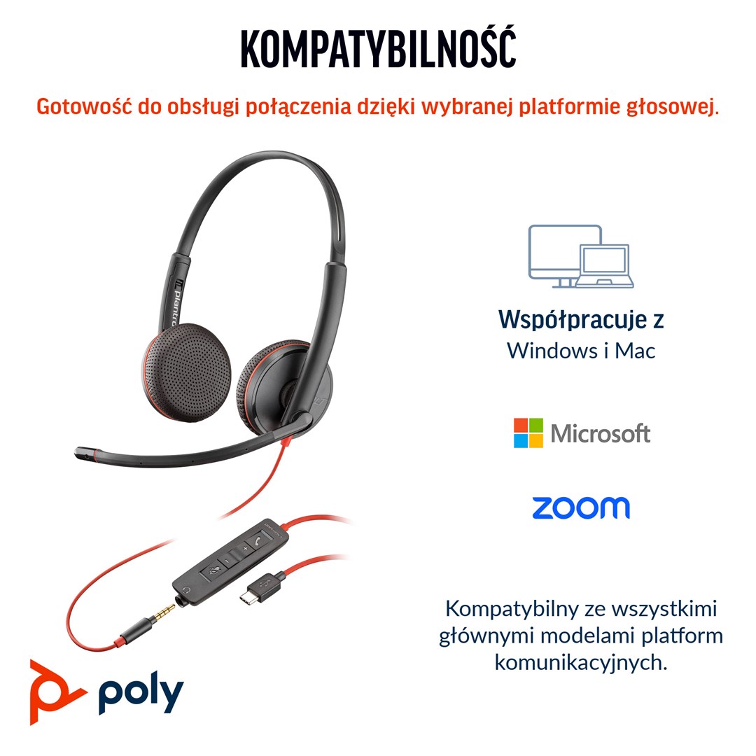 Poly Blackwire 3225 Stereo USB-C Headset +3.5mm Plug +USB-C/A Adapter Poly Blackwire 3225 Stereo USB-C Headset +3.5mm Plug +USB-C/A Adapter