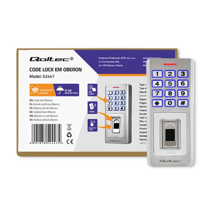 Qoltec 52447 Code lock OBERON with fingerprint reader | RFID | Code | Card | key fob | Doorbell | IP68 | EM Qoltec 52447 Code lock OBERON with fingerprint reader | RFID | Code | Card | key fob | Doorbell | IP68 | EM