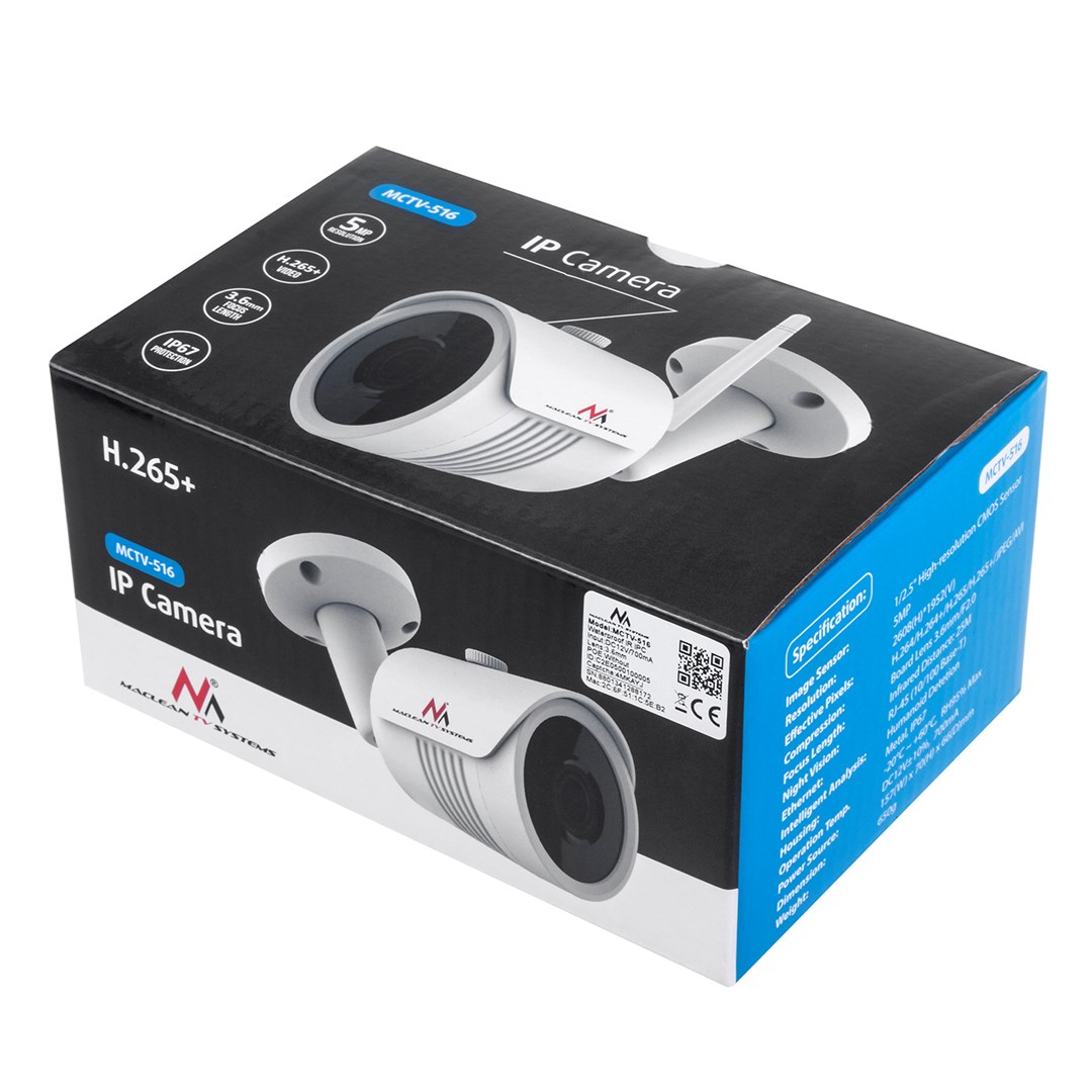 Maclean IP Camera IPC WiFi 5MPx outdoor, horn, CMOS 1/2.5", H.264/H.264+/H.265/H.265+/JPEG/AVI, Onvif, MCTV-516 Maclean IP Camera IPC WiFi 5MPx outdoor, horn, CMOS 1/2.5", H.264/H.264+/H.265/H.265+/JPEG/AVI, Onvif, MCTV-516
