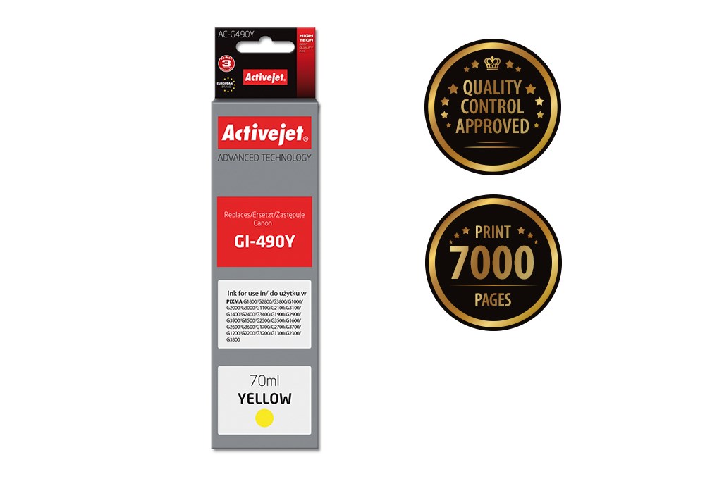 Activejet AC-G490Y Ink cartridge (replacement for Canon GI-490Y; Supreme; 70 ml; 7000 pages, yellow) Activejet AC-G490Y Ink cartridge (replacement for Canon GI-490Y; Supreme; 70 ml; 7000 pages, yellow)