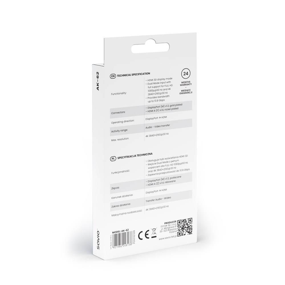 Adapter Savio DisplayPort (M) v1.2 - HDMI A (F) v1.4, 4K, AK-62 Adapter Savio DisplayPort (M) v1.2 - HDMI A (F) v1.4, 4K, AK-62