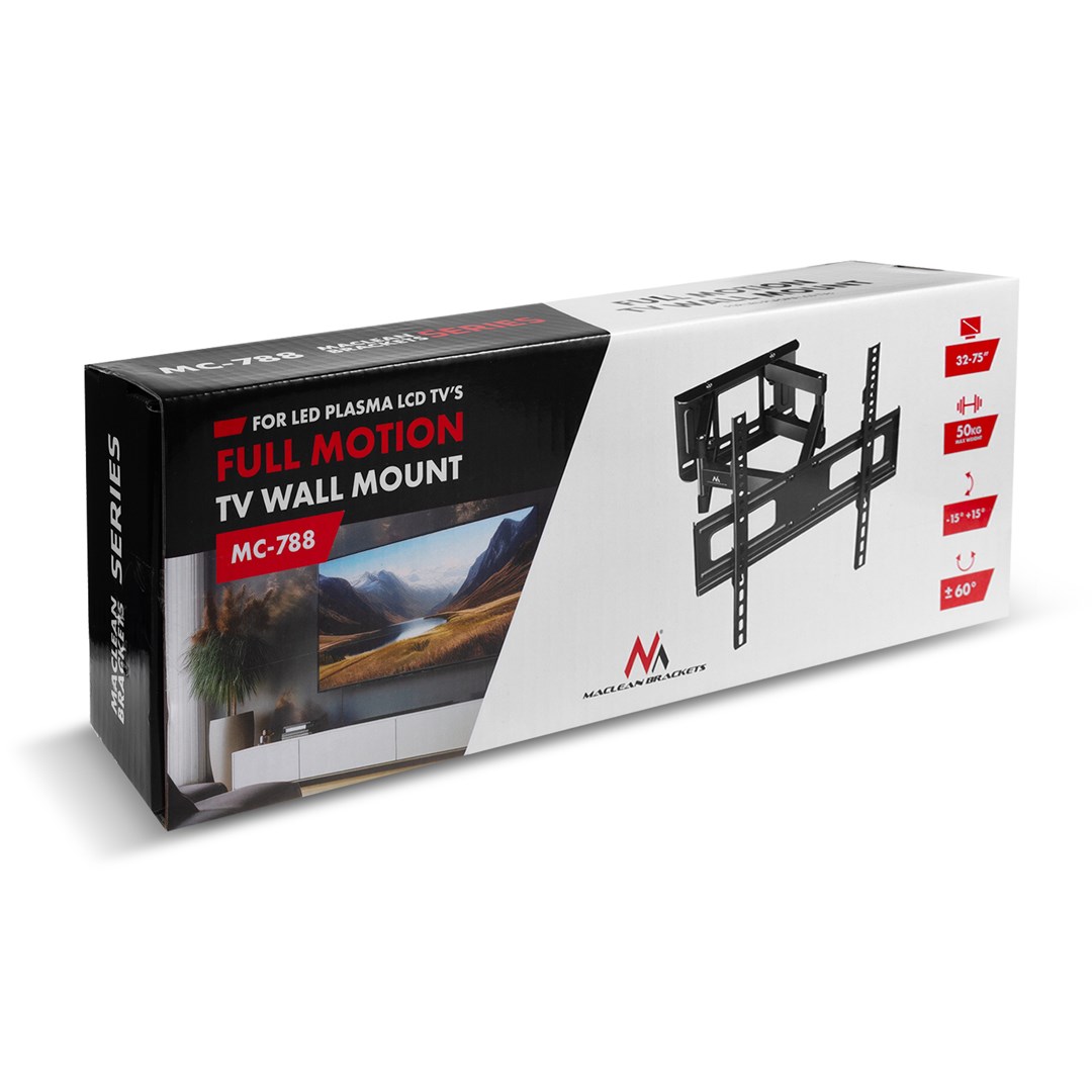 Maclean TV Mount, max VESA 600x400, 32-85", 60kg, horizontal and vertical angle adjustment, profile 65-390mm, black, MC-789 Maclean TV Mount, max VESA 600x400, 32-85", 60kg, horizontal and vertical angle adjustment, profile 65-390mm, black, MC-789