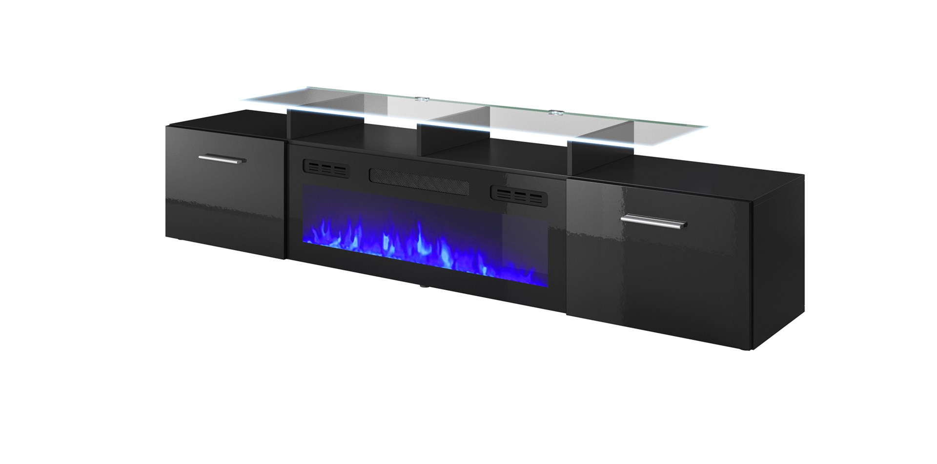 RTV cabinet ROVA with electric fireplace 190x37x48 cm black/black gloss RTV cabinet ROVA with electric fireplace 190x37x48 cm black/black gloss