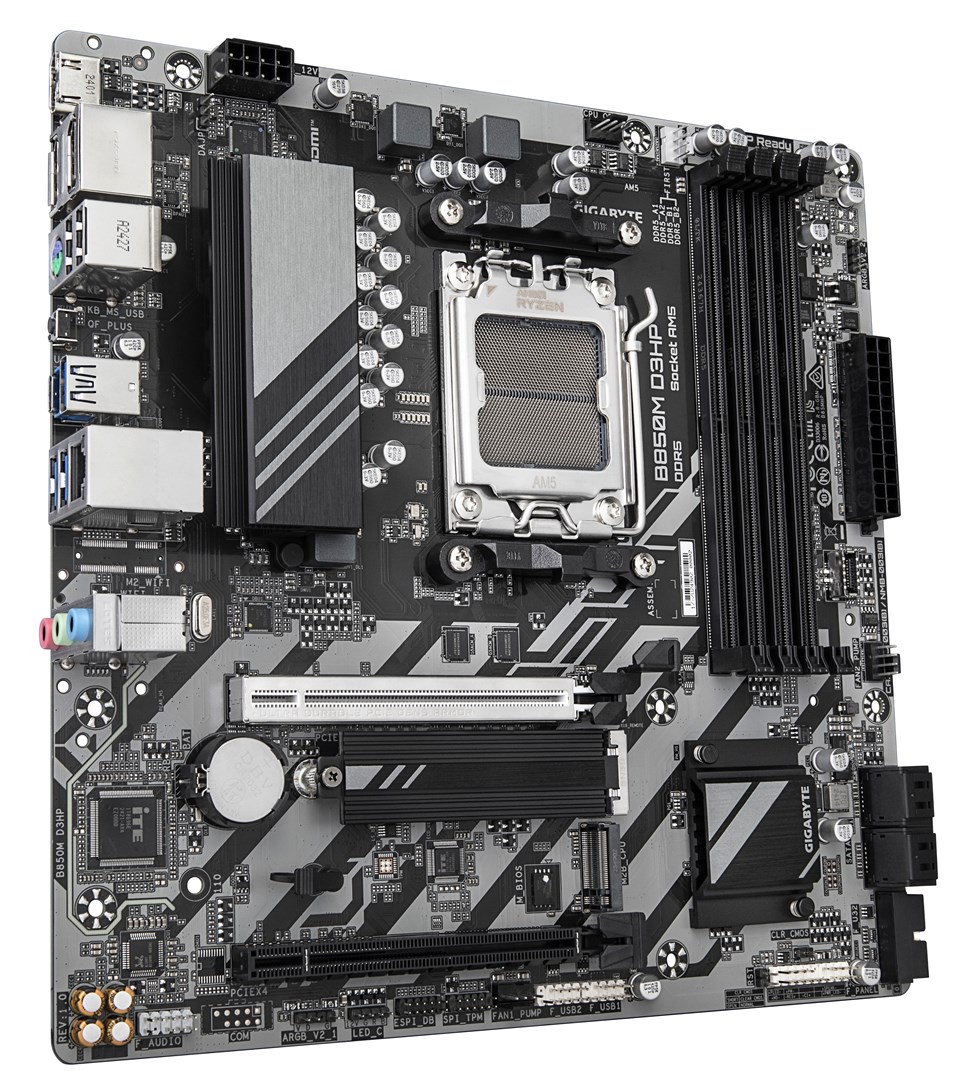 GIGABYTE B850M D3HP Motherboard - AMD Ryzen 9000 Series CPUs, 5+2+2 Phases Digital VRM, up to 8200MHz DDR5 (OC), 1xPCIe 5.0 + 1xPCIe 4.0 M.2, GbE LAN, USB 3.2 Gen 2 GIGABYTE B850M D3HP Motherboard - AMD Ryzen 9000 Series CPUs, 5+2+2 Phases Digital VRM, up to 8200MHz DDR5 (OC), 1xPCIe 5.0 + 1xPCIe 4.0 M.2, GbE LAN, USB 3.2 Gen 2
