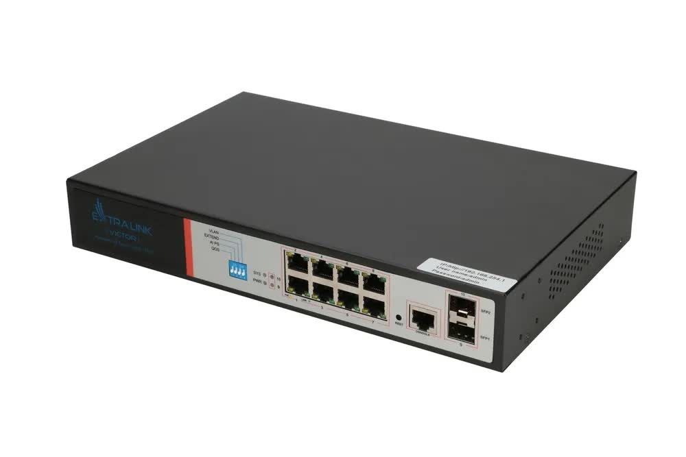 Extralink VICTOR | Switch PoE | 8x Gigabit PoE/PoE+, 2x SFP, 1x Port Konsolowy, 150W, Zarządzalny Extralink VICTOR | Switch PoE | 8x Gigabit PoE/PoE+, 2x SFP, 1x Port Konsolowy, 150W, Zarządzalny