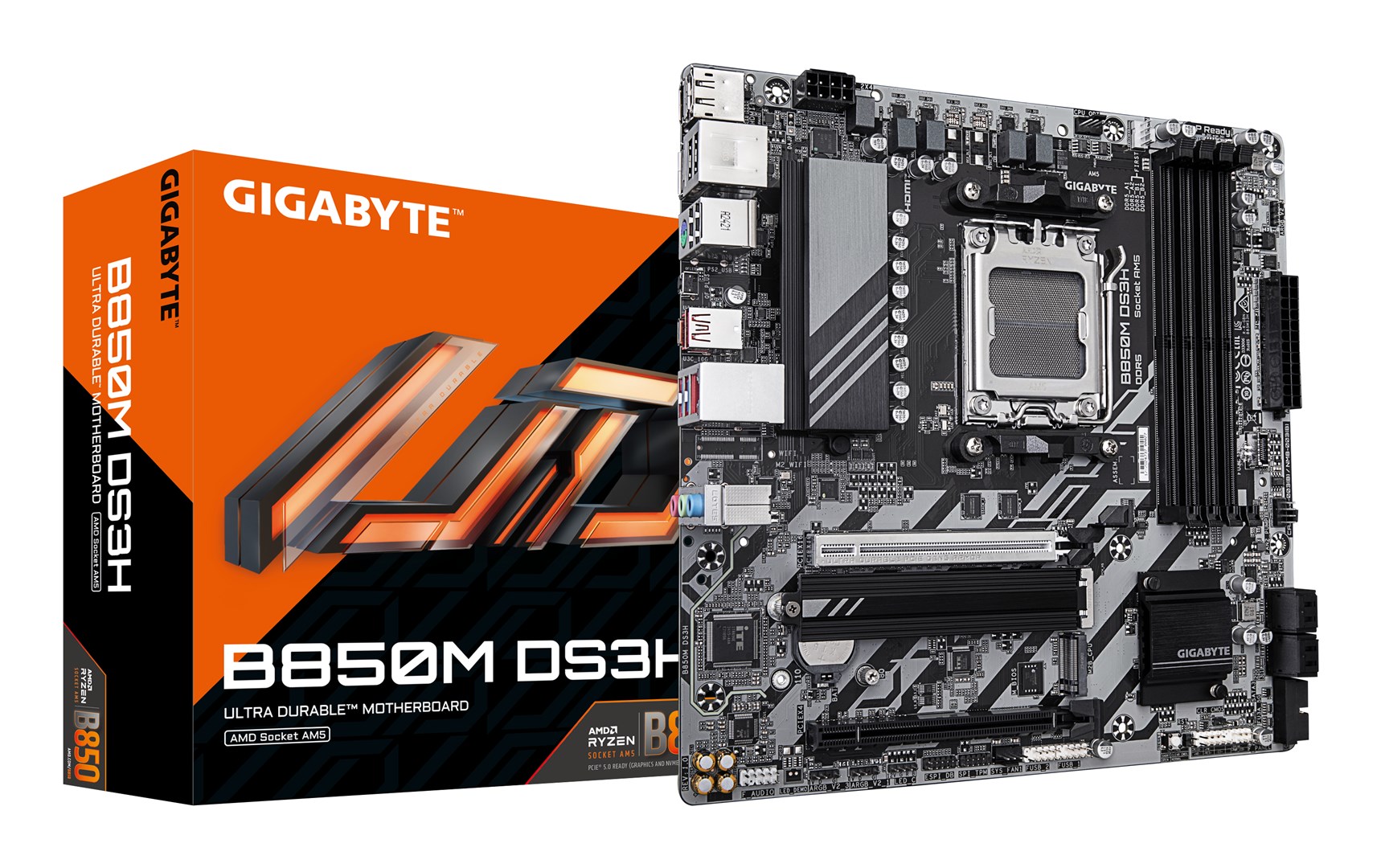 GIGABYTE B850M DS3H Motherboard - AMD Ryzen 9000 Series CPUs, 16+2+2 Phases Digital VRM, up to 8200MHz DDR5 (OC), 1xPCIe 5.0 + 1xPCIe 4.0 M.2, 2.5 LAN, USB 3.2 Gen 2 GIGABYTE B850M DS3H Motherboard - AMD Ryzen 9000 Series CPUs, 16+2+2 Phases Digital VRM, up to 8200MHz DDR5 (OC), 1xPCIe 5.0 + 1xPCIe 4.0 M.2, 2.5 LAN, USB 3.2 Gen 2