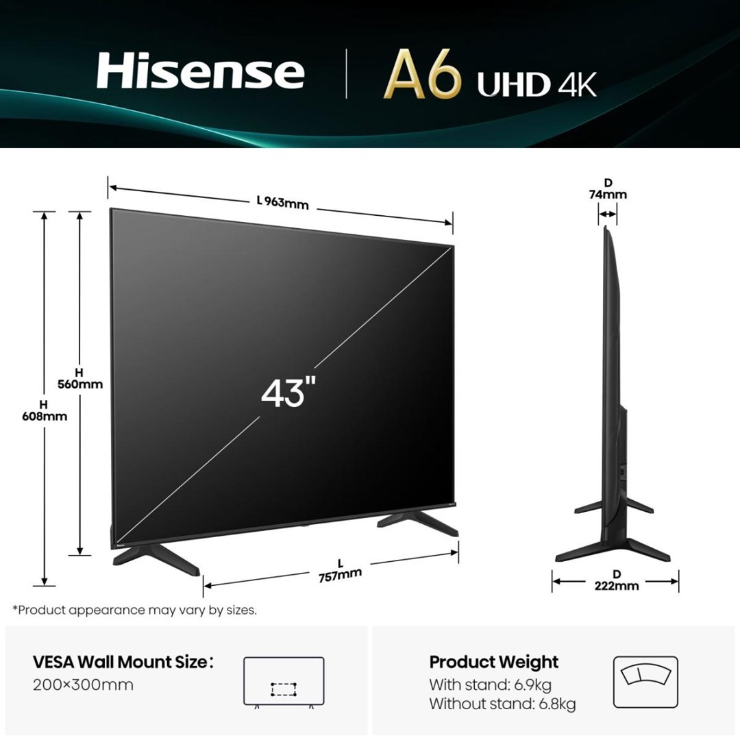 Hisense 43A6Q TV 109.2 cm (43") 4K Ultra HD Smart TV Wi-Fi Black 300 cd/m² Hisense 43A6Q TV 109.2 cm (43") 4K Ultra HD Smart TV Wi-Fi Black 300 cd/m²