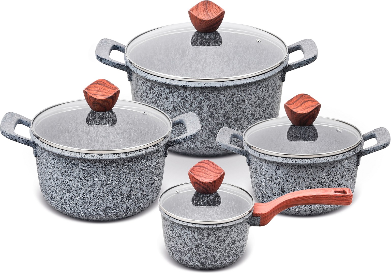 PROMIS Set of pots GRANITE, saucepan 16 cm, pots 20,24,28 brown handles PROMIS Set of pots GRANITE, saucepan 16 cm, pots 20,24,28 brown handles