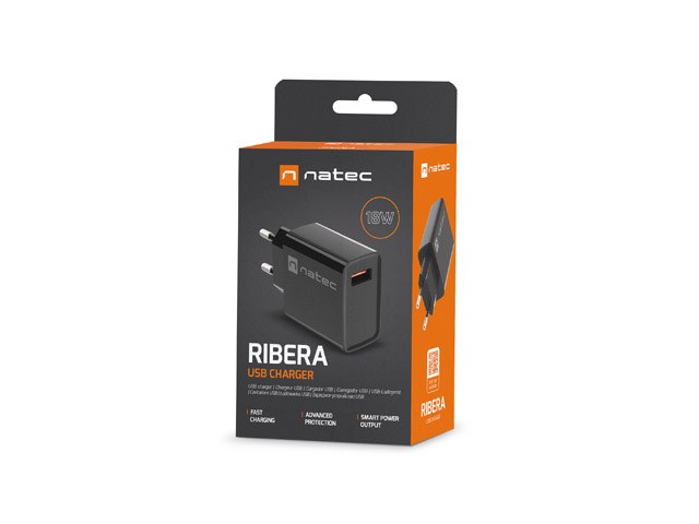 NATEC MAINS CHARGER RIBERA USB-A 18W BLACK NATEC MAINS CHARGER RIBERA USB-A 18W BLACK