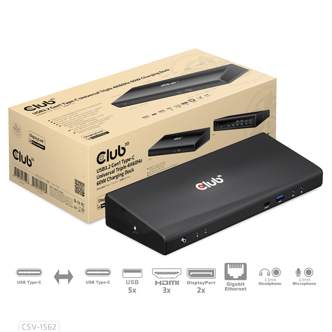 CLUB3D The CSV-1562 is an USB3.2 Gen1 Type-C Universal Triple 4K30Hz Charging Docking Station and is DisplayLink® Certified. The Universal Charging Dock CLUB3D The CSV-1562 is an USB3.2 Gen1 Type-C Universal Triple 4K30Hz Charging Docking Station and is DisplayLink® Certified. The Universal Charging Dock