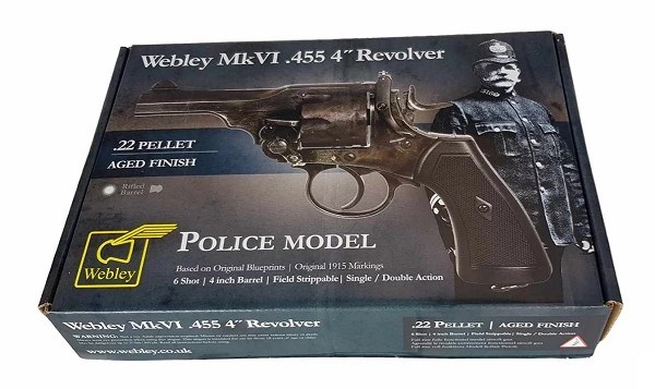WEBLEY MKVI .455 Police cal.5.5 mm Diabolo cartridge revolver 6-shot. 4’ barrel CO2 Battlefield Ekp to17J WEBLEY MKVI .455 Police cal.5.5 mm Diabolo cartridge revolver 6-shot. 4’ barrel CO2 Battlefield Ekp to17J