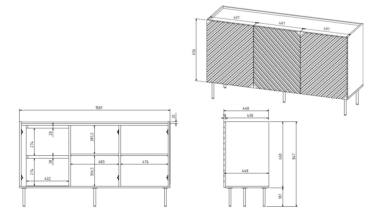 3D2SZ ONDA chest of drawers 150x45xH85 green 3D2SZ ONDA chest of drawers 150x45xH85 green