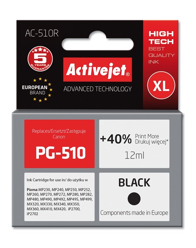 Activejet AC-510R Ink cartridge (replacement for Canon PG-510; Premium; 12 ml; black) Activejet AC-510R Ink cartridge (replacement for Canon PG-510; Premium; 12 ml; black)