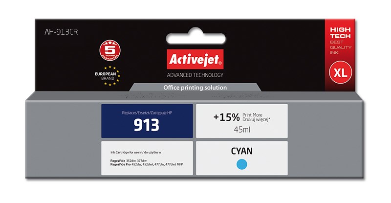 Activejet AH-913CR ink (replacement for HP 913 F6T77AE; Premium; 45 ml; cyan) Activejet AH-913CR ink (replacement for HP 913 F6T77AE; Premium; 45 ml; cyan)