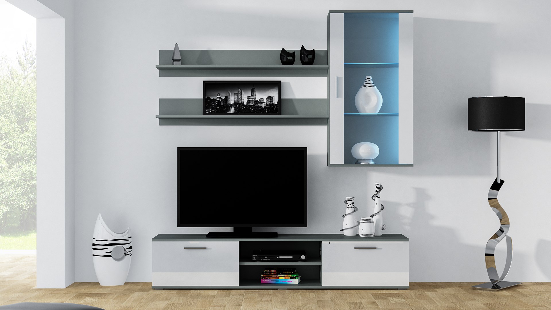 SOHO 5 set (RTV180 cabinet + Wall unit + shelves) Grey/Gloss white SOHO 5 set (RTV180 cabinet + Wall unit + shelves) Grey/Gloss white
