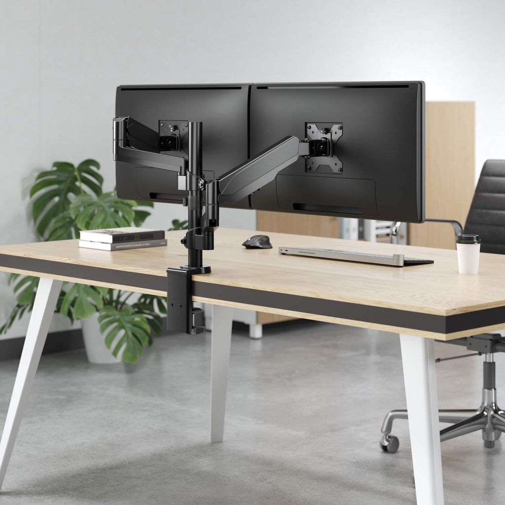Manhattan TV & Monitor Mount, Desk, Full Motion (Gas Spring), 2 screens, Screen Sizes: 10-27", Black, Clamp or Grommet Assembly, Dual Screen, VESA 75x75 to 100x100mm, Max 8kg (each), Lifetime Warranty Manhattan TV & Monitor Mount, Desk, Full Motion (Gas Spring), 2 screens, Screen Sizes: 10-27", Black, Clamp or Grommet Assembly, Dual Screen, VESA 75x75 to 100x100mm, Max 8kg (each), Lifetime Warranty