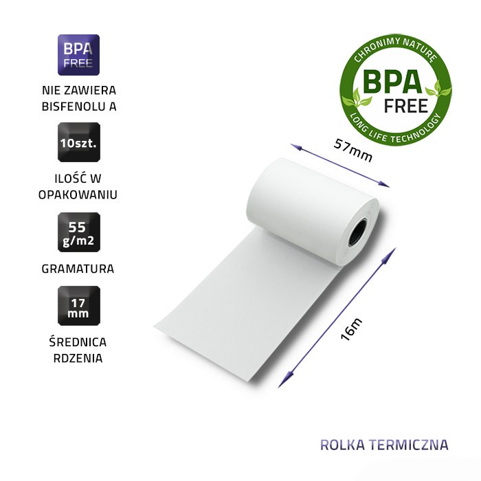 Qoltec 51899 Thermal roll 57 x 16 | 55g / m2 | 10 pcs. | BPA free Qoltec 51899 Thermal roll 57 x 16 | 55g / m2 | 10 pcs. | BPA free
