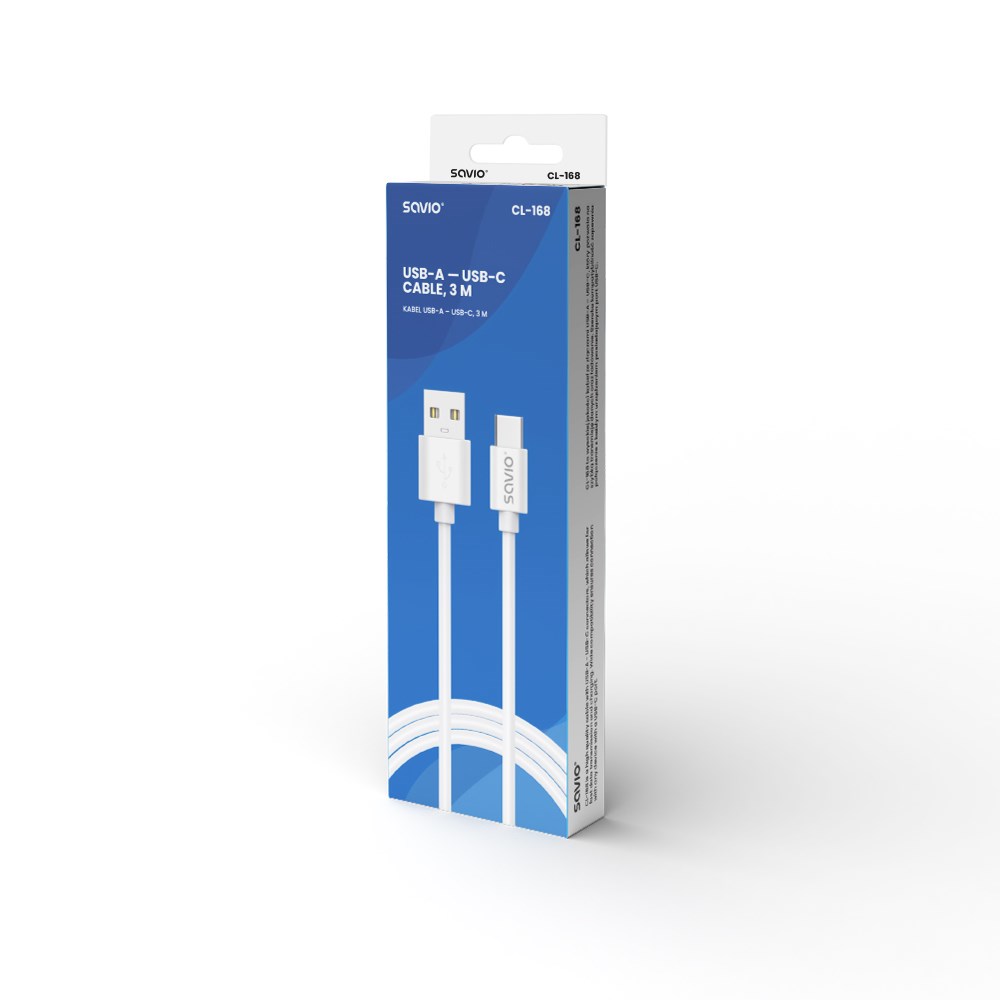 USB cable 2 m USB 2.0, USB A - USB C White SAVIO CL-168 USB cable 2 m USB 2.0, USB A - USB C White SAVIO CL-168