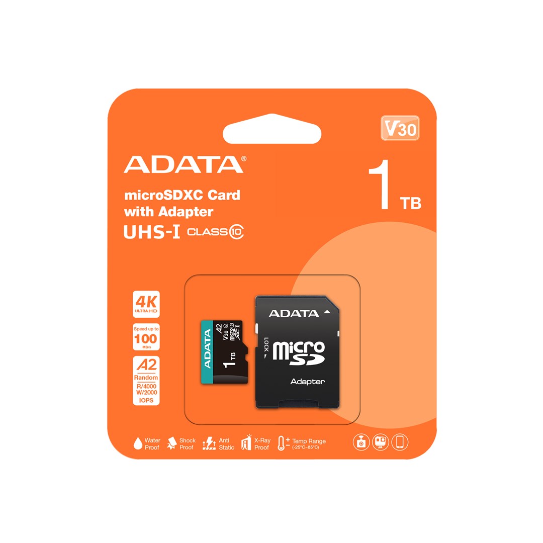 ADATA AUSDX1TUI3V30SA2-RA1 memory card 1 TB MicroSDXC UHS-I Class 10 ADATA AUSDX1TUI3V30SA2-RA1 memory card 1 TB MicroSDXC UHS-I Class 10
